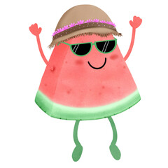 Cartoon watermelon wearing a straw hat and sunglasses in summer