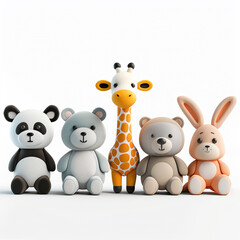 soft toys in a row 3D on a white background, banner for a children's website