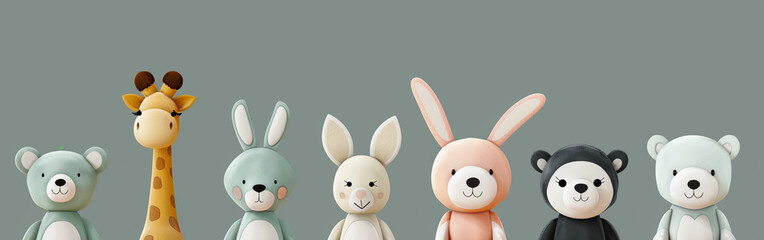 soft toys in a row 3D on a neutral background, banner for a children's website - obrazy, fototapety, plakaty