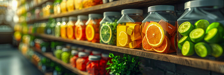 Fresh and Healthy Fruits in Glass Jar, Organic Diet and Nutrition, Grocery Shelf Concept - obrazy, fototapety, plakaty