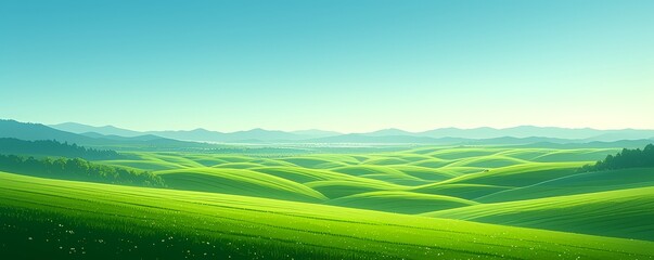 Rolling green hills, with smooth lines and soft lighting creating an abstract background. The composition focuses on the undulating landscape, with each wave of grass illuminated by gentle sunlight.