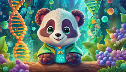 oil painting style CARTOON CHARACTER CUTE BABY panda Molecular biologist analyzing DNA structure in a lab