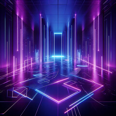 abstract 3d render, violet blue neon lights background wallpepar.Dark empty room with glowing floor- Generative AI