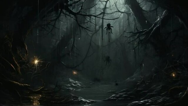 Dark Creepy Mystical Forest with Spiders, Cobwebs, Witches - Halloween Scene