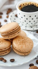 A delicate macaron with a coffee powder dusting, placed on an elegant white plate and set against the backdrop tablecloth with a steaming cup of black or latte espresso, - 795078485