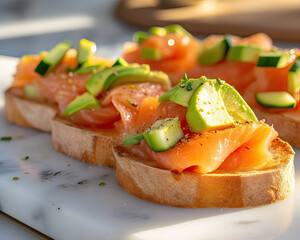 Bruschetta with salmon avocado on marble board. Food and appetizers. Mediterranean cuisine. Fish and health. 
