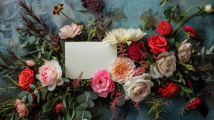 Artistic arrangement crafted from flowers and foliage alongside a paper note Top down view