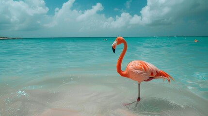A flamingo is standing in the water near the shore