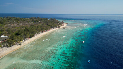 Amazing aerial view of Gili Trawangan coastline on a sunny day, Indonesia