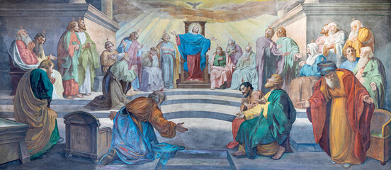 MILAN, ITALY - MARCH 4, 2024: The fresco of  Pentecost in church Chiesa di San Giorgio al Palazzo...