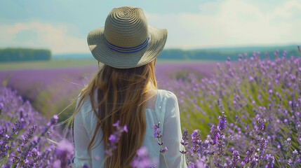 the tranquility of a purple lavender flowers field through the lens of an HD camera, where a happy woman with long hair and a hat enjoys a peaceful walk. The scene exudes natural beauty and joy.
