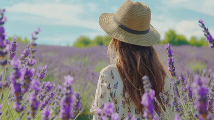 the tranquility of a purple lavender flowers field through the lens of an HD camera, where a happy woman with long hair and a hat enjoys a peaceful walk. The scene exudes natural beauty and joy.