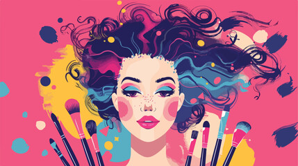 Woman with creative makeup and set of brushes on pink