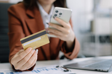 online shopping concept, woman shopping online is a form of electronic commerce from a seller over internet.