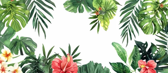 Fototapete Rund Tropical plants and flowers border a white background in the style of a watercolor illustration © wanna
