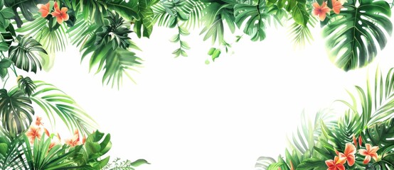 Tropical plants and flowers border a white background in the style of a watercolor illustration