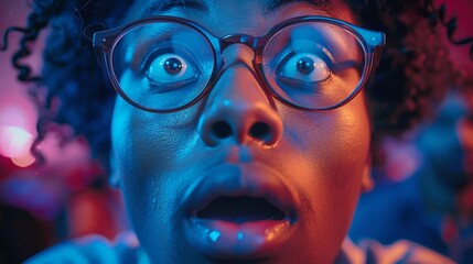 Shocked faces at a surprise party, wide eyes in vibrant lighting - obrazy, fototapety, plakaty