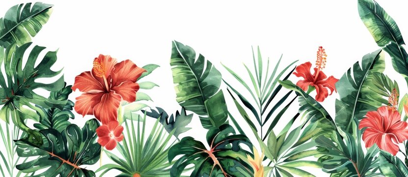 Tropical plants and flowers border a white background in the style of a watercolor illustration