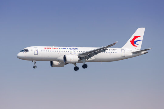First aircraft developed entirely in China COMAC C919 of China Eastern at Shanghai Hongqiao Airport in China