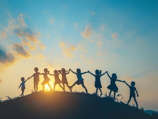 a group of children holding hands and standing on a hill