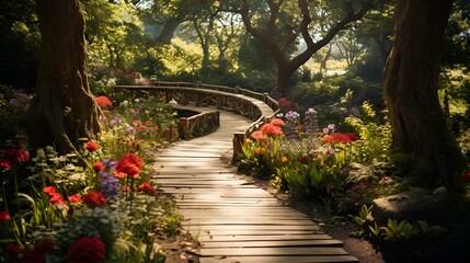 Garden path through the beautiful flower garden.
