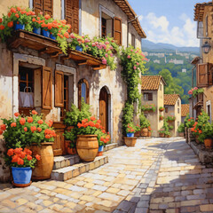 Fototapeta premium Colorful European Village Street with Flower-Lined Pathway and Mountain Background