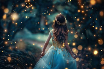 Fototapeta premium young princess walking in garden with firefly bokeh light, Generative Ai