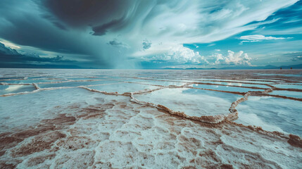 Salt surface with water in Sal de Uyuni salt flat 