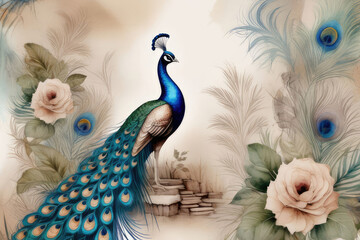 A vintage abstract art background with peacock sperched on a blossoming tree branch. © elena_hramowa