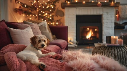 Naklejka premium A dog rests on a couch by the fireplace in the living room