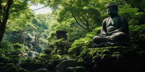 Fototapeta na wymiar Buddha statue in green forest Generative AI