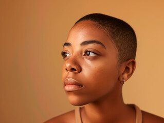 Profile of a young woman with a bun hairstyle on a beige background. Studio portrait with a concept of natural beauty and simplicity. Design for poster, banner, and beauty concept.