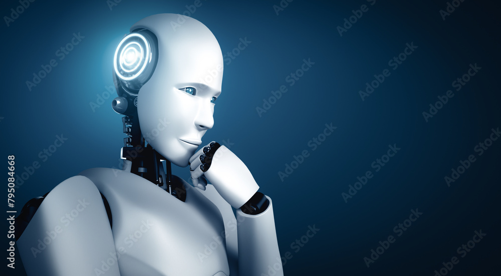 Poster mlb 3d illustration thinking ai humanoid robot analyzing information data in concept of artificial i