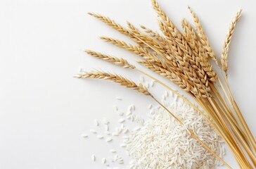 Harmony of Grains: Japanese Paddy Field Concept with White Rice and Wheat Ear