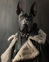 A charismatic Doberman dog posing as a boss, proud and confident, dressed like a masculine and tough human gangster, a strong and powerful leader