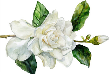 Gardenia elegance, watercolor, pure and refined, isolated on white - obrazy, fototapety, plakaty