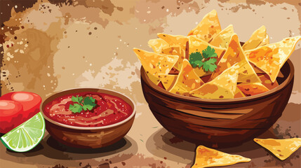Wooden bowl of tasty chipotle sauce and nachos on gru