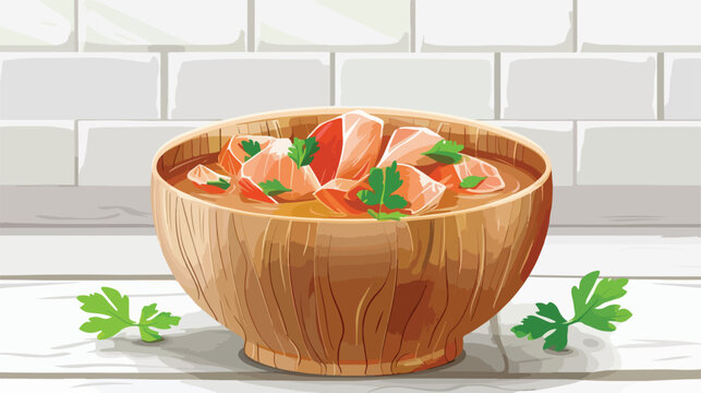 Wooden bowl with delicious canned tuna on white tiled