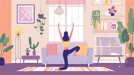 Yoga at home. Woman doing yoga in cozy modern interior