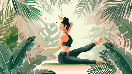 Yoga at home page template. Woman doing yoga with lea
