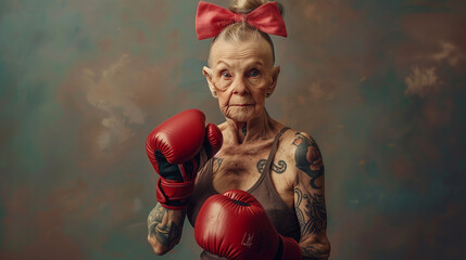 A photo of an old lady with boxing gloves and tattoos. She is wearing a white tank top, her hair in the style of a bow on her head - Powered by Adobe