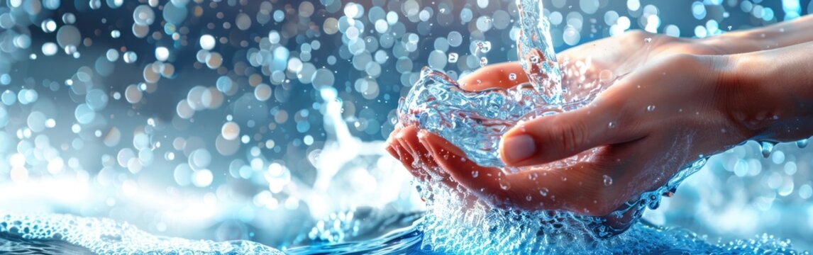 A persons hand holds a water faucet over a body of water, allowing clean water to flow into the natural environment