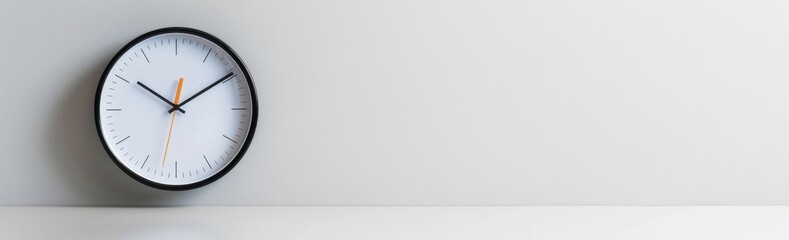 A monochromatic clock hanging on a white wall, displaying the time in classic black and white