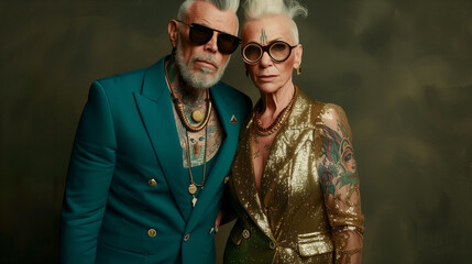 Fototapeta premium A mature couple with sunglasses and tattoos in the style of haute couture, teal colors, golden details. The man has short gray hair and a stubble beard. The woman is older wearing a lace dress