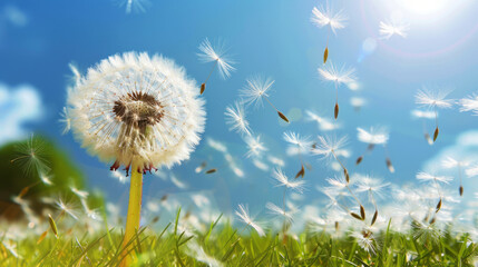 Close-up of a dandelion with seeds dispersing in the wind, symbolizing change and growth