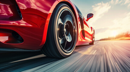A red sports car is speeding along the highway. close-up of the wheel and the road.