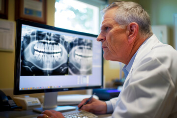 Fototapeta na wymiar Dentist analyzing dental radiographs on computer screen in clinic office
