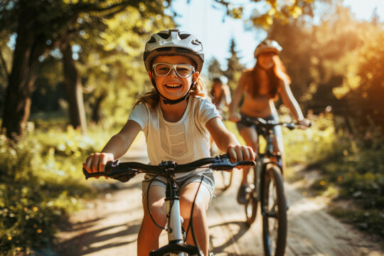 Joyful family biking in park with children laughing and having fun