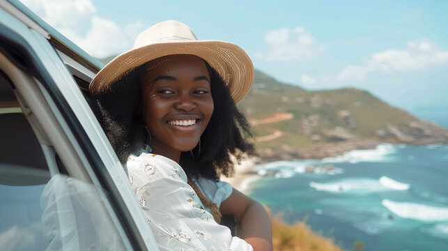 Happy African American woman leans out of her white car window, wearing hat and blouse, smiling at the camera with beautiful hair, on a coastal road in South Africa
