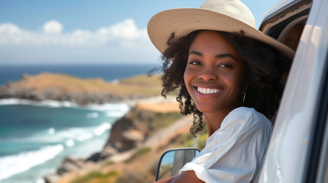 Happy African American woman leans out of her white car window, wearing hat and blouse, smiling at the camera with beautiful hair, on a coastal road in South Africa - Powered by Adobe